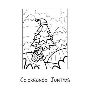Imagen para colorear de caricatura de un árbol navideño animado en una maceta