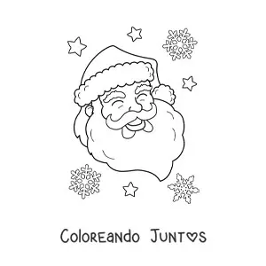 Imagen para colorear de la cara de Santa Claus con los ojos cerrados y copos de nieve de fondo