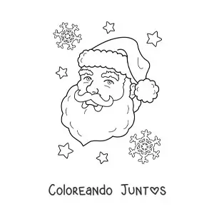 Imagen para colorear de la cara de Santa Claus sonriendo y copos de nieve de fondo