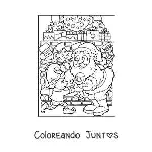 Imagen para colorear de Santa Claus con elfo y juguetes