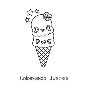 Imagen para colorear de un cono de helado de dos sabores kawaii con estrellas
