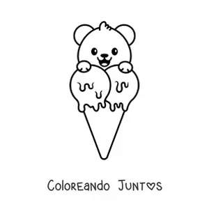 Imagen para colorear de un oso kawaii en un helado de barquilla