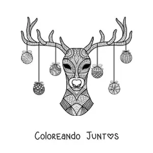 Imagen para colorear de un reno con esferas de Navidad colgando de su cornamenta