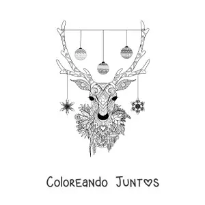 Imagen para colorear de un reno con bolas de Navidad colgando de su cornamenta