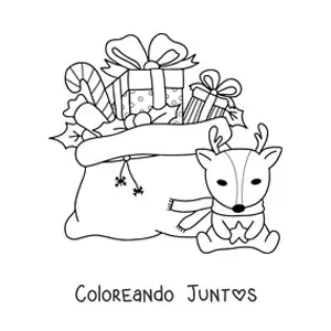 Imagen para colorear de saco de regalos navideños y peluche de reno