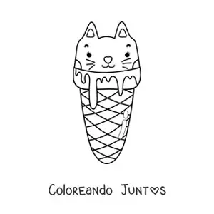 Imagen para colorear de un gato como bola de helado kawaii en una barquilla