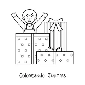 Imagen para colorear de niño con regalos de Navidad