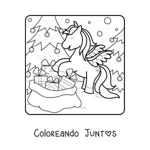 Imagen para colorear de unicornio con saco de regalos