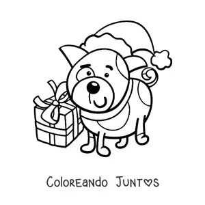 Imagen para colorear de perro con regalo de Navidad