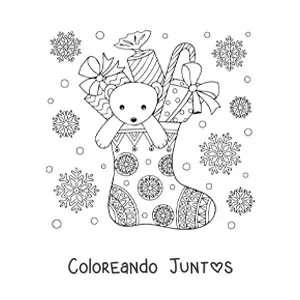 Imagen para colorear de bota de Navidad con regalos y oso de peluche dentro