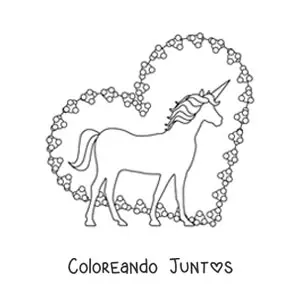 Imagen para colorear de la silueta de un unicornio con un corazón de fondo