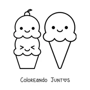 Imagen para colorear de un helado de dos sabores y un helado de barquilla kawaii