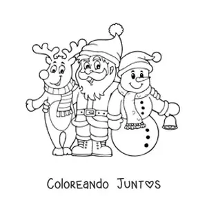Imagen para colorear de reno navideño con Santa y hombre de nieve