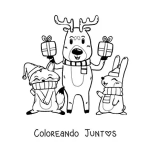 Imagen para colorear de reno de Navidad con animales y regalos