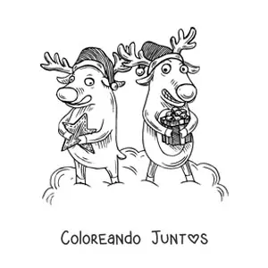Imagen para colorear de caricatura de renos navideños con regalos
