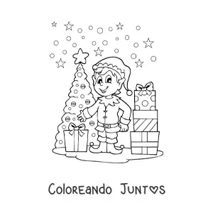 Imagen para colorear de duende de Navidad junto al árbol y los regalos