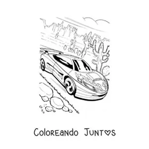 Imagen para colorear de un auto de carreras a toda velocidad en un desierto