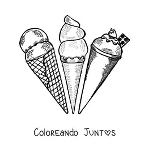 Imagen para colorear de tres conos de helado de distintos sabores