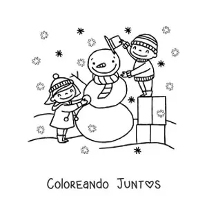 Imagen para colorear de niños armando un muñeco de nieve en Navidad