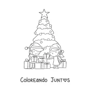 Imagen para colorear de niños abriendo regalos junto al árbol de Navidad