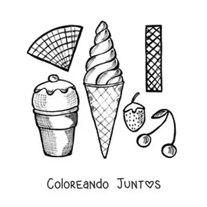 Imagen para colorear de dos helados con barquillas fresa y cereza