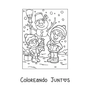 Imagen para colorear de niños con regalos de Navidad y muñeco de nieve