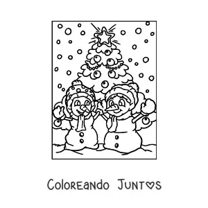 Imagen para colorear de dos muñecos de nieve en Navidad