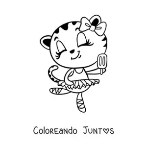Imagen para colorear de una gata bailarina animada comiendo helado
