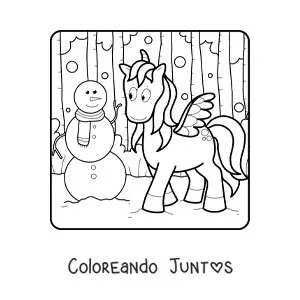 Imagen para colorear de muñeco de nieve con unicornio