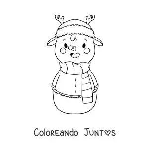 Imagen para colorear de muñeco de nieve de reno kawaii con bufanda