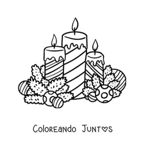 Imagen para colorear de velas de Navidad con bambalinas y adornos