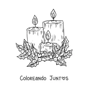 Imagen para colorear de tres velas de Navidad realistas encendidas
