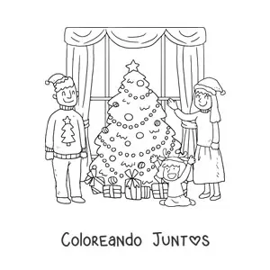 Imagen para colorear de familia con niña celebrando la Navidad en casa junto al arbolito