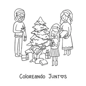 Imagen para colorear de familia con niños abriendo regalos en Navidad