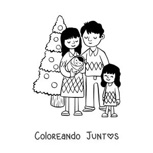 Imagen para colorear de familia con bebé junto al árbol de Navidad