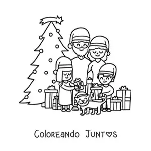 Imagen para colorear de familia de 4 integrantes con gato junto al árbol de Navidad