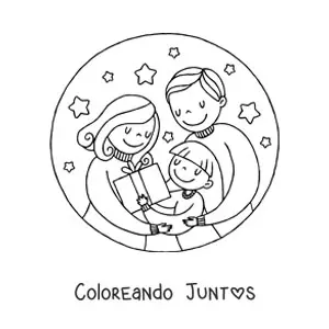 Imagen para colorear de familia de 3 personas en Navidad con regalo