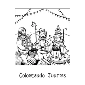 Imagen para colorear de familia haciendo las compras de Navidad