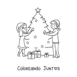 Imagen para colorear de pareja decorando el árbol de Navidad