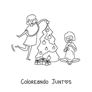 Imagen para colorear de dos chicas decorando el árbol de Navidad