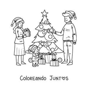 Imagen para colorear de familia en la manana de Navidad con regalos junto al arbolito