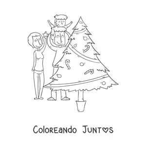 Imagen para colorear de familia decorando el árbol de Navidad
