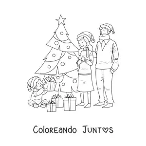 Imagen para colorear de familia con niño junto al árbol de Navidad con regalos