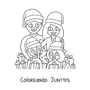 Imagen para colorear de familia de 4 miembros unida en Navidad