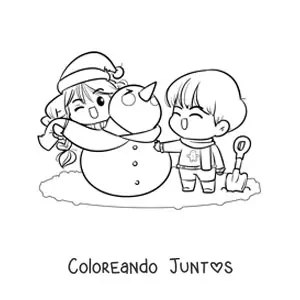 Imagen para colorear de pareja armando muñeco de nieve