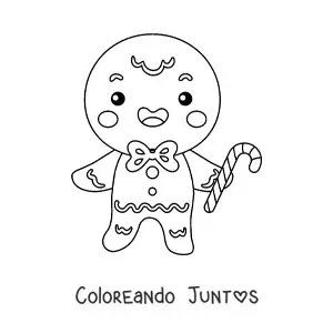 Imagen para colorear de hombre de jengibre kawaii con bastón de caramelo