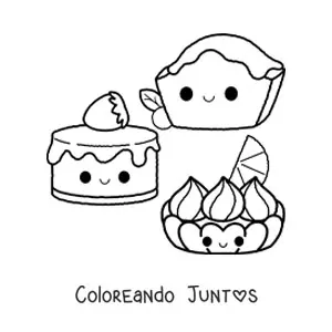 Imagen para colorear de tres pasteles kawaii
