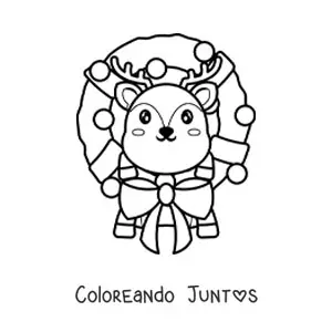 Imagen para colorear de corona de Navidad con reno kawaii