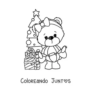Imagen para colorear de oso de Navidad con árbol de Navidad y regalos
