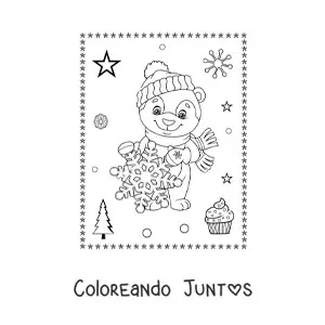 Imagen para colorear de oso de Navidad animado con copo de nieve